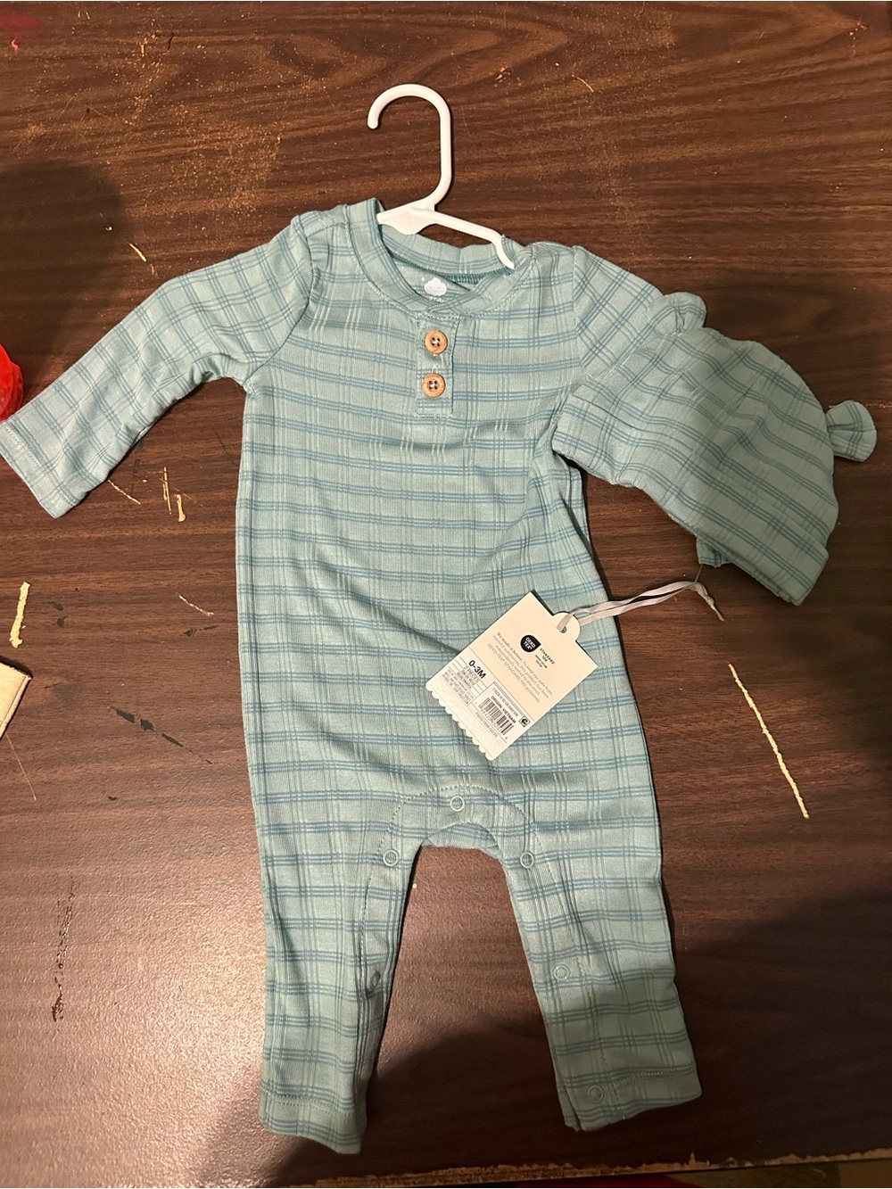 Cloud Island Mint Plaid Baby One-Piece with Button Detail and hat